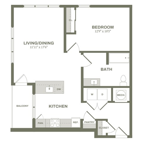 A floor plan of a small apartment with a bedroom, living/dining area, kitchen, and bathroom.